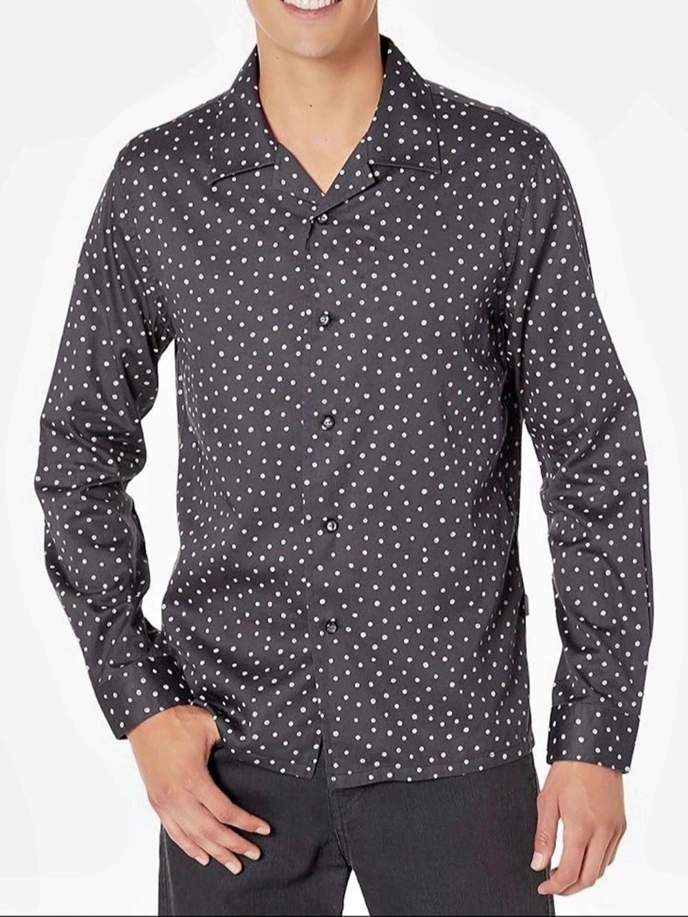 John Varvatos Charlie Long Sleeve Camp Collar Shirt Charcoal Gray Polka Dot XL